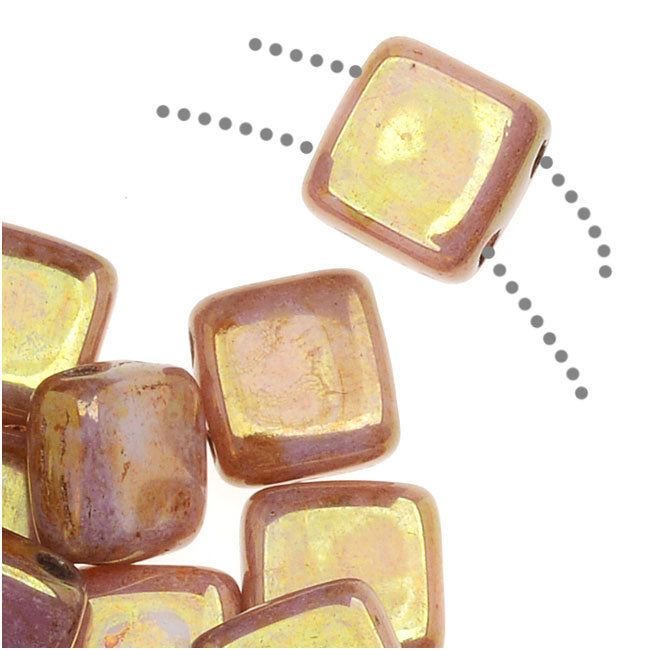 CzechMates Glass 2-Hole Square Tile Beads 6mm - Opaque Rose/Gold Topaz Luster (1 Strand)