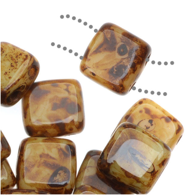 CzechMates Glass 2-Hole Square Tile Beads 6mm - Opaque Lt Beige Picasso (1 Strand)