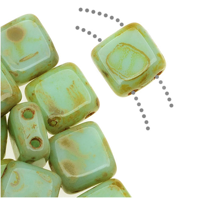 CzechMates Glass 2-Hole Square Tile Beads 6mm - Opaque Pale Turquoise Picasso (1 Strand)