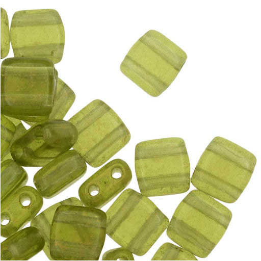 CzechMates Glass, 2-Hole Square Tile Beads 6mm, Gold Marbled Olivine (1 Strand)