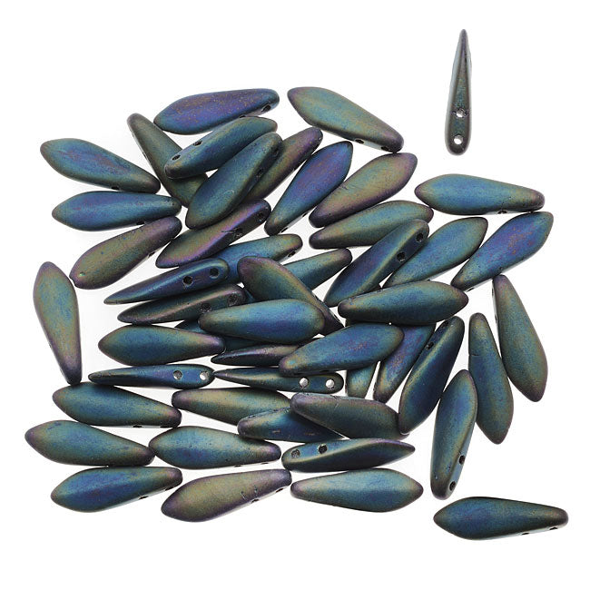 CzechMates Glass 2-Hole Dagger Spear Beads 16x5mm - Matte Iris Green (1 Strand)
