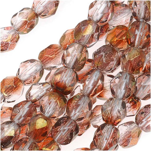 Czech Fire Polished Glass Beads 4mm Round 1/2 Coat Luster Crystal/Rose (50 pcs)