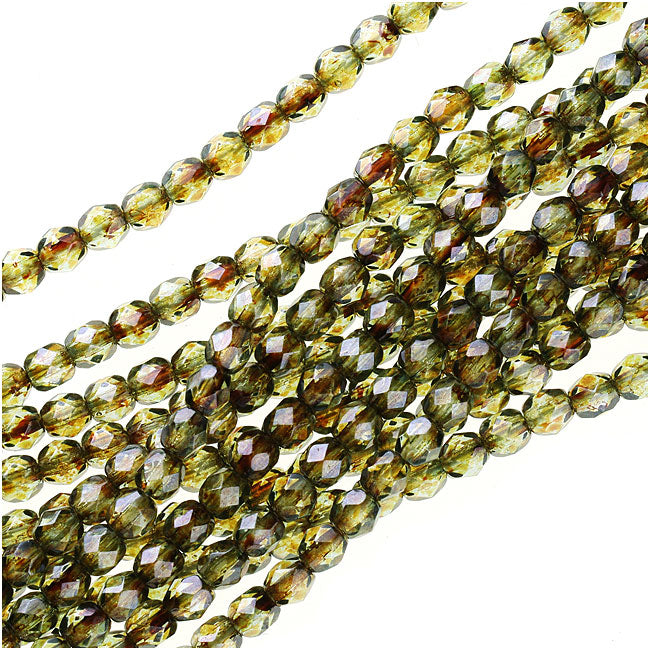 Czech Fire Polished Glass Beads, 4mm Round, Luster Transparent Green, (1 Strand)