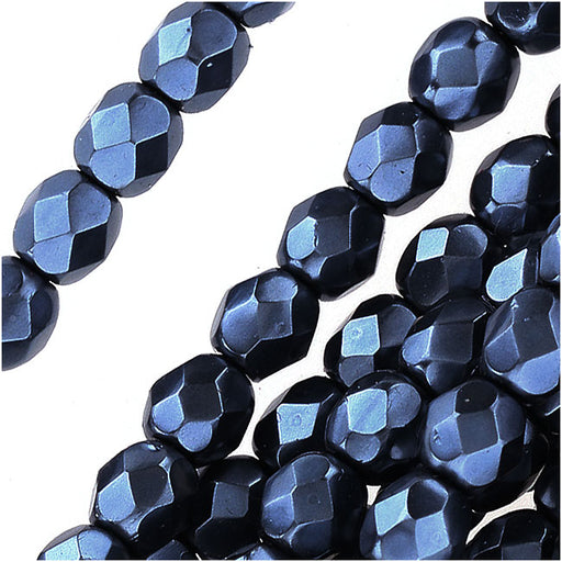 Czech Fire Polished Glass Beads 4mm Round Full Pearlized Coat - Navy Blue (50 pcs)