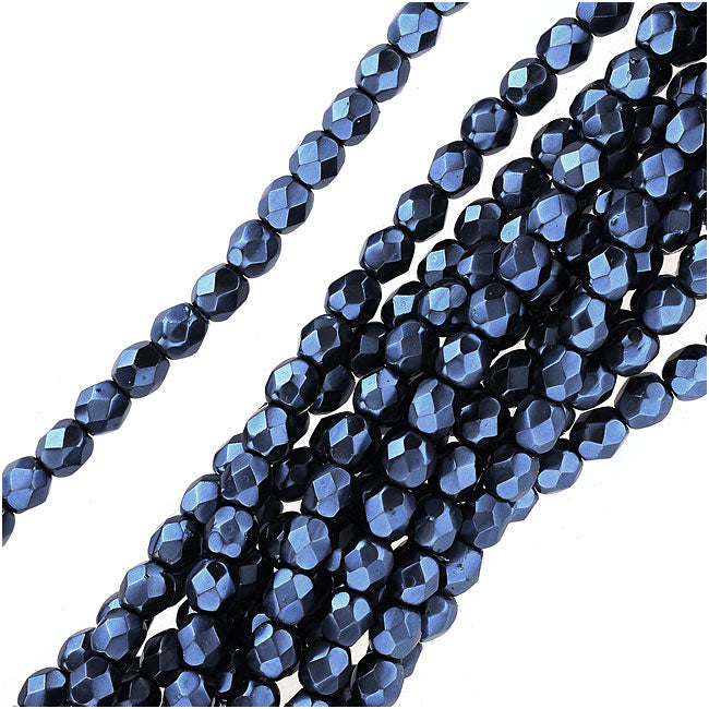 Czech Fire Polished Glass Beads 4mm Round Full Pearlized Coat - Navy Blue (50 pcs)