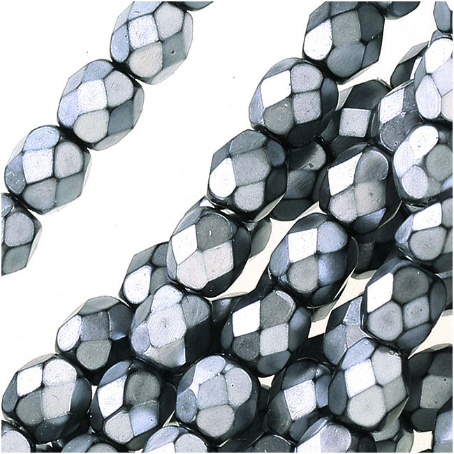 Czech Fire Polished Glass Beads 4mm Round Full Pearlized - Silver On Jet (50 pcs)