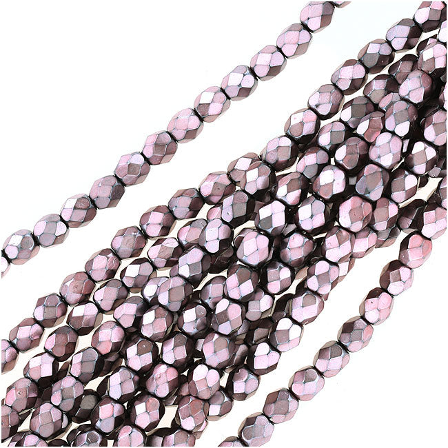 Czech Fire Polished Glass Beads 4mm Round Full Pearlized - Dusty Rose On Jet (50 pcs)