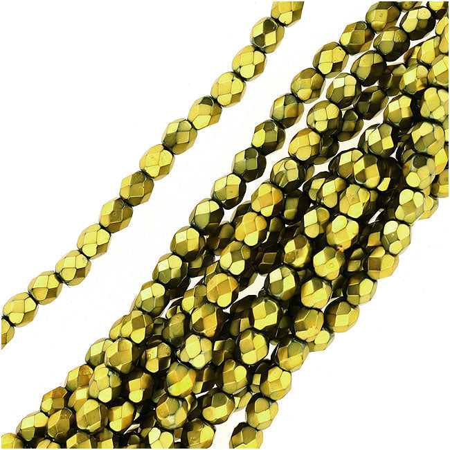 Czech Fire Polished Glass Beads 4mm Round Full Pearlized - Lime On Jet (50 pcs)