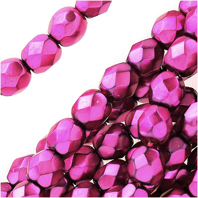 Czech Fire Polished Glass Beads 4mm Round Full Pearlized - Hot Pink On Jet (50 pcs)