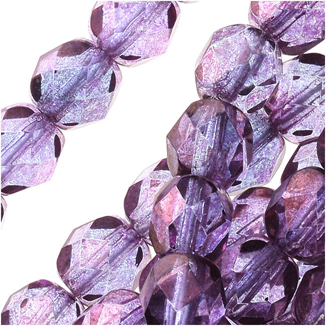 Czech Fire Polished Glass Beads, 6mm Round, Amethyst Luster, (1 Strand)