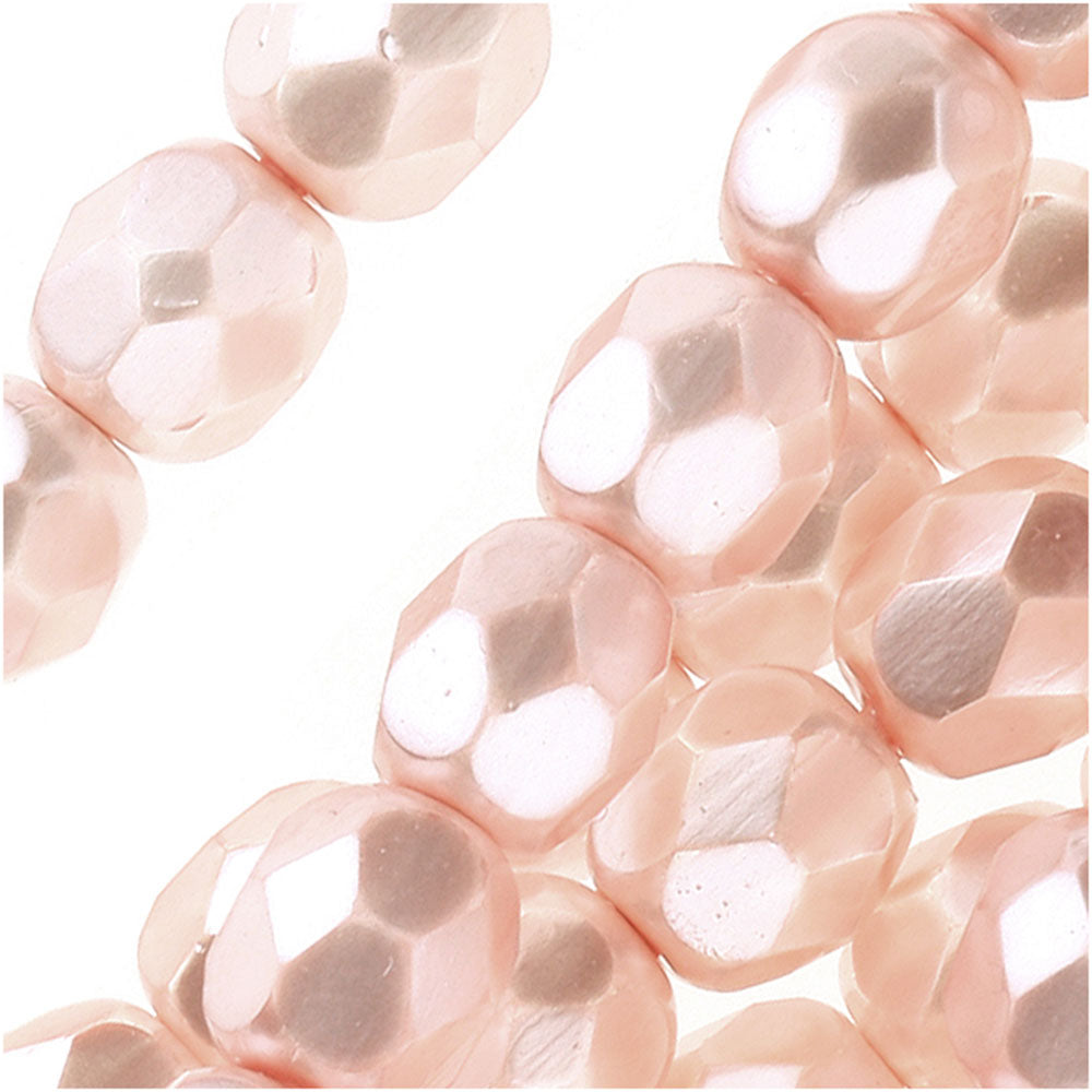 Czech Fire Polished Glass Beads 6mm Round Full Pearlized - Light Rose (25 pcs)