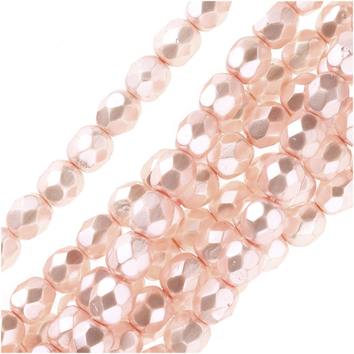 Czech Fire Polished Glass Beads 6mm Round Full Pearlized - Light Rose (25 pcs)