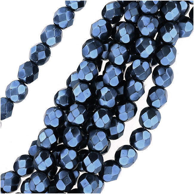 Czech Fire Polished Glass Beads 6mm Round Full Pearlized - Navy Blue (25 pcs)