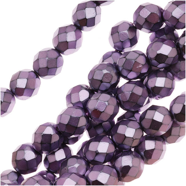 Czech Fire Polished Glass Beads 8mm Round Full Pearlized - Lilac On Jet (25 pcs)