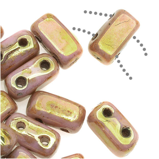 CzechMates Glass 2-Hole Brick Beads 6x3mm - Opaque Rose Luster / Gold Topaz (1 Strand)