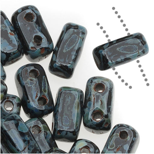 CzechMates Glass 2-Hole Rectangle Brick Beads 6x3mm - Jet Picasso (1 Strand)