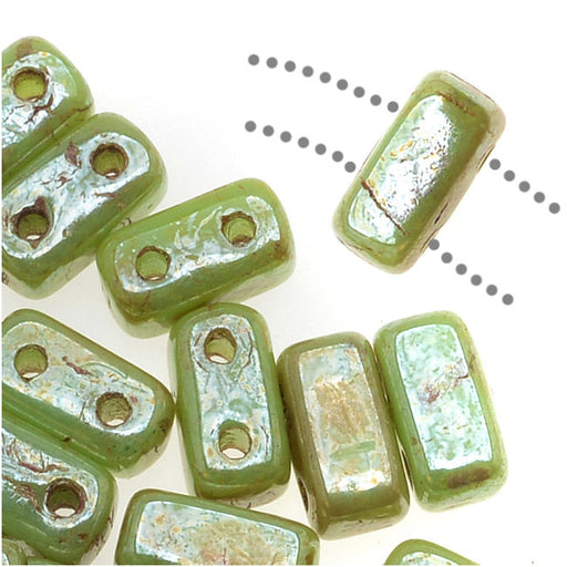 CzechMates Glass 2-Hole Rectangle Brick Beads 6x3mm - Honeydew Luster Picasso (1 Strand)