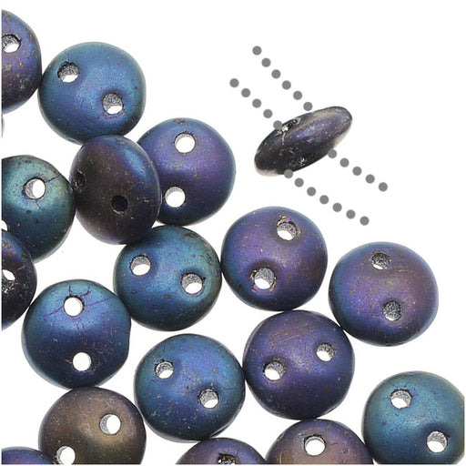 CzechMates Glass 2-Hole Round Flat Lentil Beads 6mm - Matte Iris Blue (1 Strand)