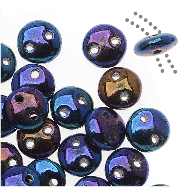 CzechMates Glass 2-Hole Round Flat Lentil Beads 6mm - Blue Iris (1 Strand)