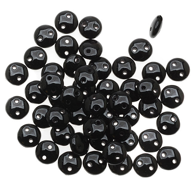 CzechMates Glass 2-Hole Round Flat Lentil Beads 6mm - Jet Black (1 Strand)