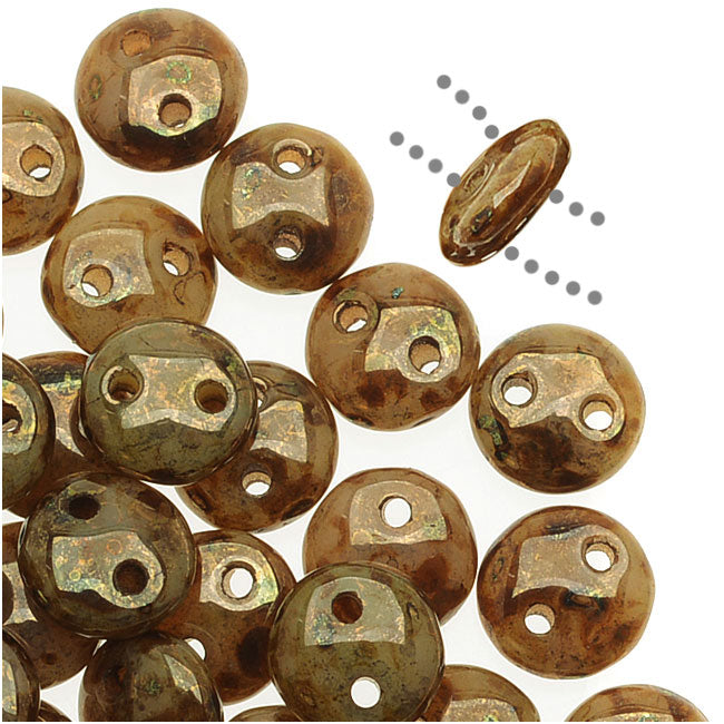 CzechMates Glass 2-Hole Round Flat Lentil Beads 6mm - Beige Brown Picasso (1 Strand)