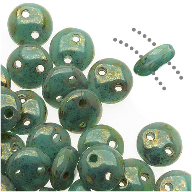 CzechMates Glass 2-Hole Round Flat Lentil Beads 6mm - Turquoise Bronze Picasso (1 Strand)