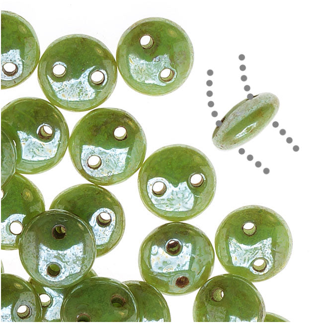 CzechMates Glass 2-Hole Round Flat Lentil Beads 6mm - Honeydew Luster Picasso (1 Strand)