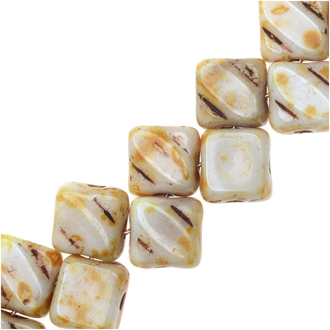 Czech Glass 2-Hole Square Beads 6mm 'Opaque White Picasso' (1 Strand)