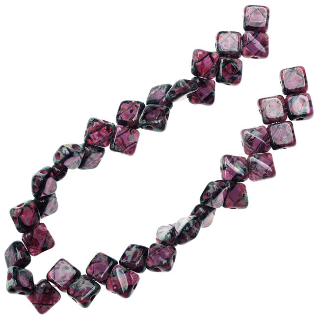 Czech Glass 2-Hole Silky Beads, 6mm Diamond Shape, Dark Amethyst Picasso (40 Pieces)