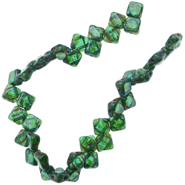 Czech Glass 2-Hole Silky Beads, 6mm Diamond Shape, Teal Picasso (40 Pieces)