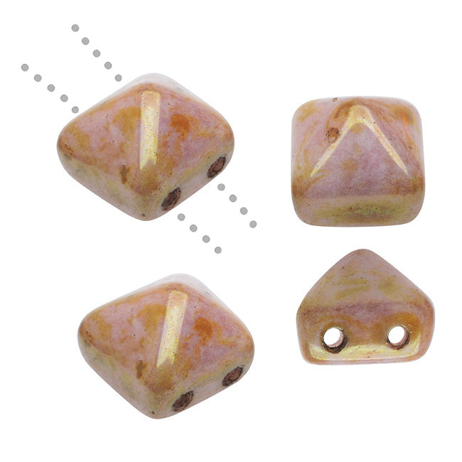 Czech Glass Beads, 2-Hole Pyramid Studs 8mm, Peach Pink Gold Luster (4 Pieces)