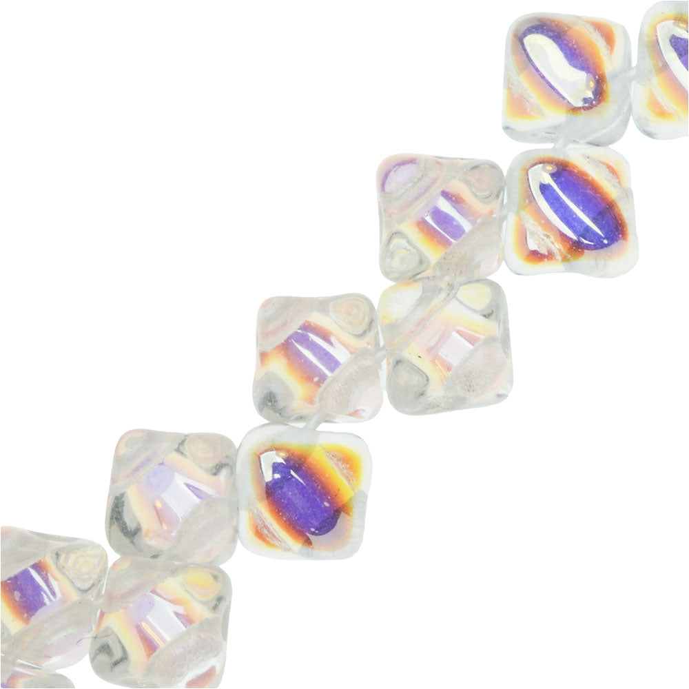 Czech Glass Mini 2-Hole Silky Beads, 5mm Diamond Shape, Crystal AB (40 Pieces)