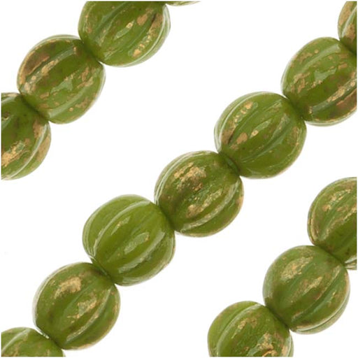 Czech Glass - Round Melon Beads 5mm Opaque Olive/Marbled Gold (1 Strand)