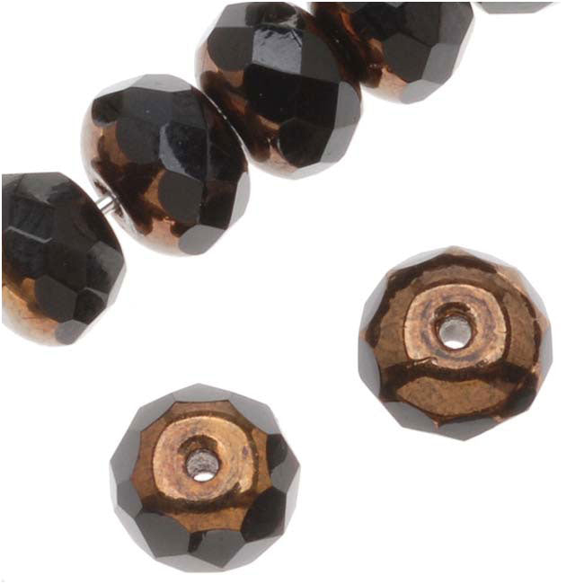 Czech Fire Polished Glass, Donut Rondelle Beads 6.5x4.5mm Bronze/Jet (1 Strand)