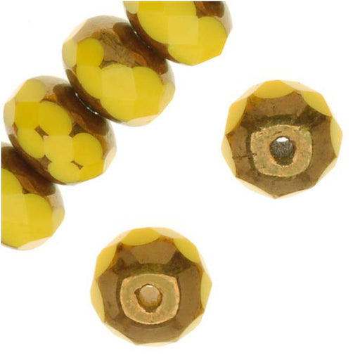 Czech Fire Polished Glass, Donut Rondelle Beads 6.5x4.5mm Copper/Opaque Yellow (1 Strand)