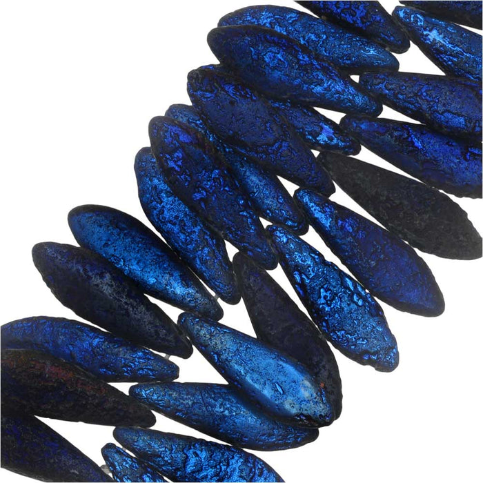 Czech Glass, Dagger Beads 16x5mm, Etched Full Azuro (25 Pieces)