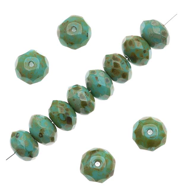 Czech Fire Polished Glass, Donut Rondelle Beads 8.5x5.5mm 'Turquoise/Full Coat Picasso' (25 Pieces)