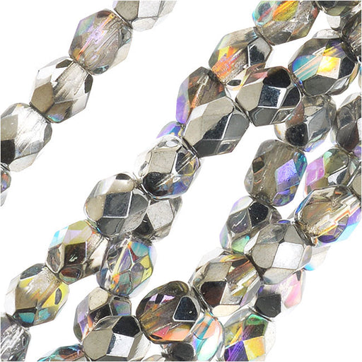 Czech Fire Polished Glass, Faceted Round Beads 4mm, Crystal Silver Rainbow Half-Coat (40 Pieces)