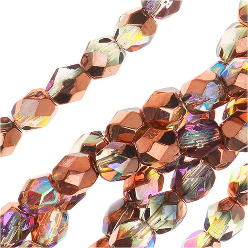 Czech Fire Polished Glass, Faceted Round Beads 4mm, Crystal Copper Rainbow Half-Coat (40 Pieces)