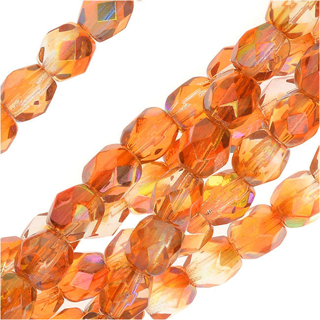 Czech Fire Polished Glass, Faceted Round Beads 4mm, Crystal Orange Rainbow (40 Pieces)