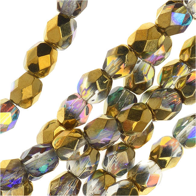 Crystal Yellow Luster coated, Czech Fire Polished Round Faceted
