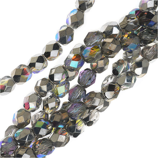 Czech Fire Polished Glass, Faceted Round Beads 6mm, Crystal Silver Rainbow Half-Coat (25 Pieces)