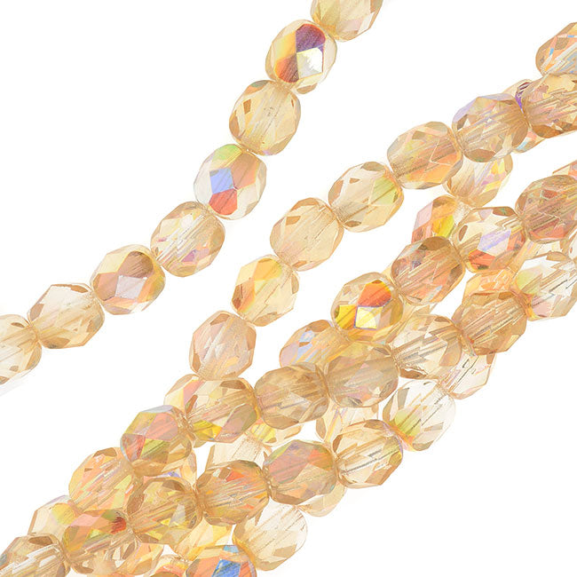 Czech Fire Polished Glass, Faceted Round Beads 6mm, Crystal Yellow Rainbow (25 Pieces)