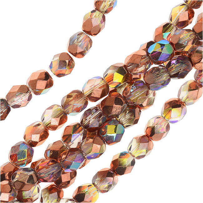 Czech Fire Polished Glass, Faceted Round Beads 6mm, Crystal Copper Rainbow Half-Coat (25 Pieces)
