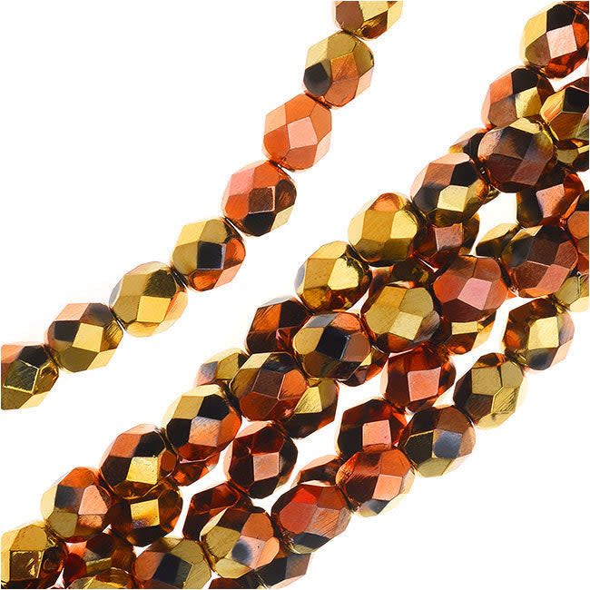 Czech Fire Polished Glass, Faceted Round Beads 6mm, Jet California Gold Rush (25 Pieces)