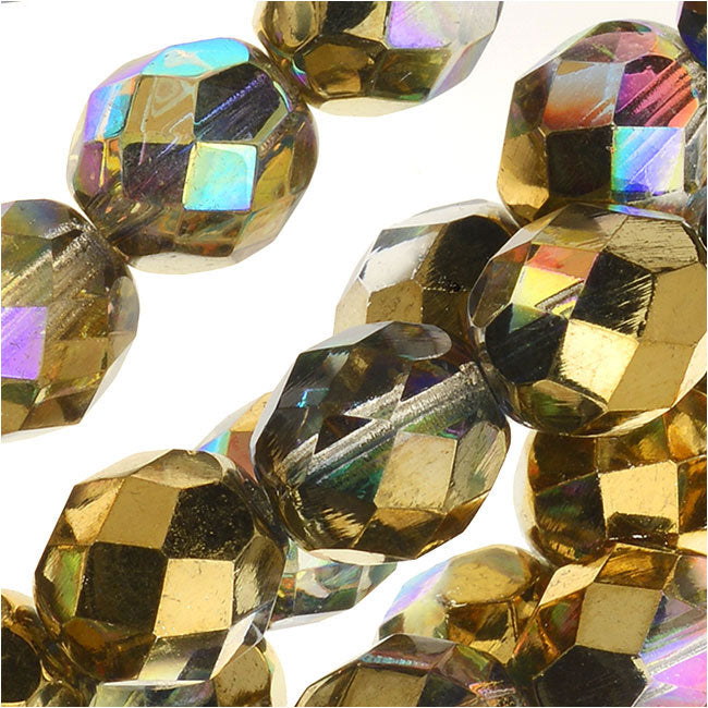 Czech Fire Polished Glass, Faceted Round Beads 8mm, Crystal Golden Rainbow Half-Coat (20 Pieces)