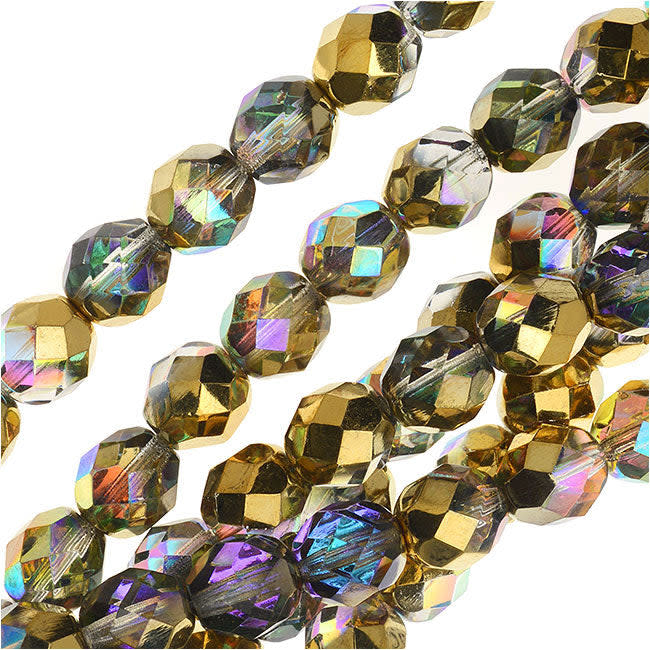 Czech Fire Polished Glass, Faceted Round Beads 8mm, Crystal Golden Rainbow Half-Coat (20 Pieces)