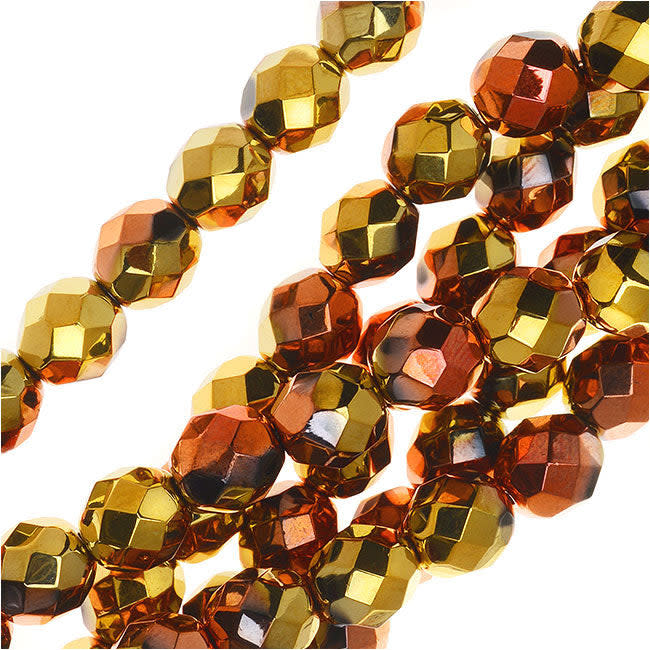 Czech Fire Polished Glass, Faceted Round Beads 8mm, Jet California Gold Rush (20 Pieces)