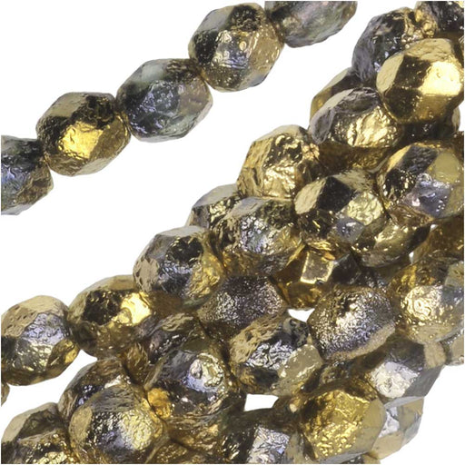 Czech Fire Polished Glass Beads, Faceted Round 4mm, Etched Crystal Half-Coat Amber Gold (40 Pieces)