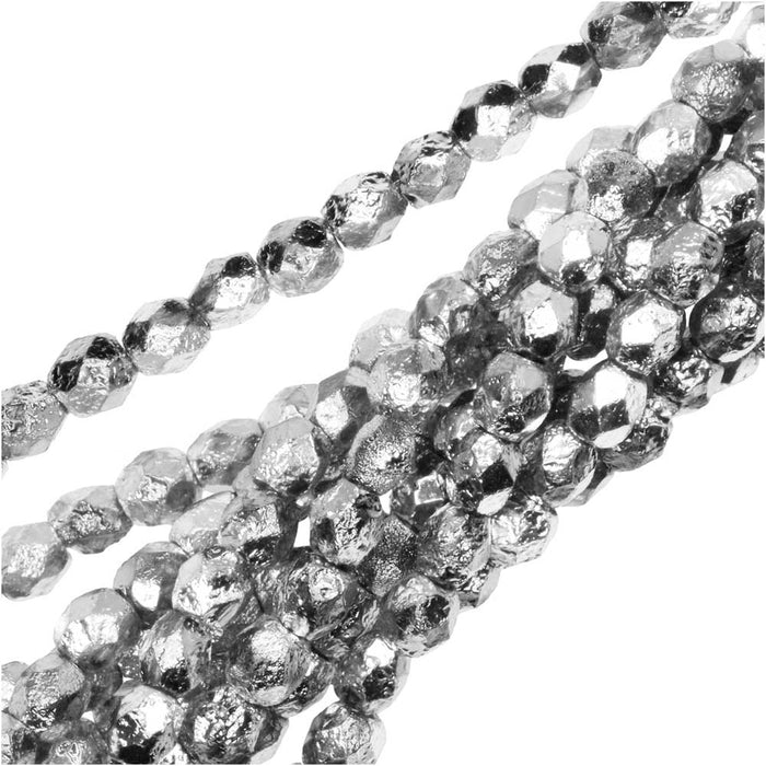 Czech Fire Polished Glass Beads, Faceted Round 4mm, Etched Crystal Full Labrador Silver (40 Pieces)